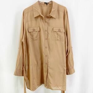 DAISY FUENTES Brown Tie Waist Cotton Button Up Top